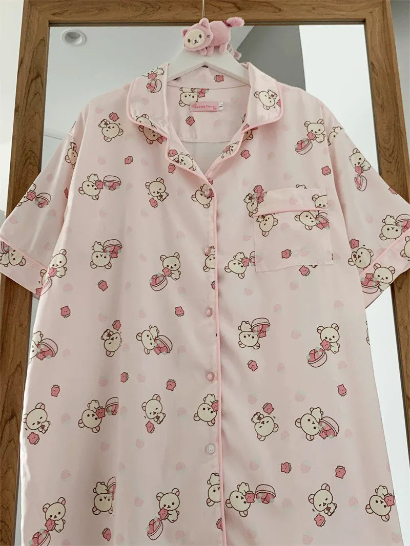 Kawaii pink sleep set with cute bear pattern, lightweight and comfy, designed for ABDL and DDLG softwear lovers
