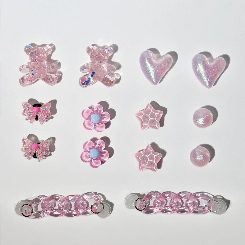 Kawaii pink and clear shoe charms perfect for slides, sandals, and sneakers