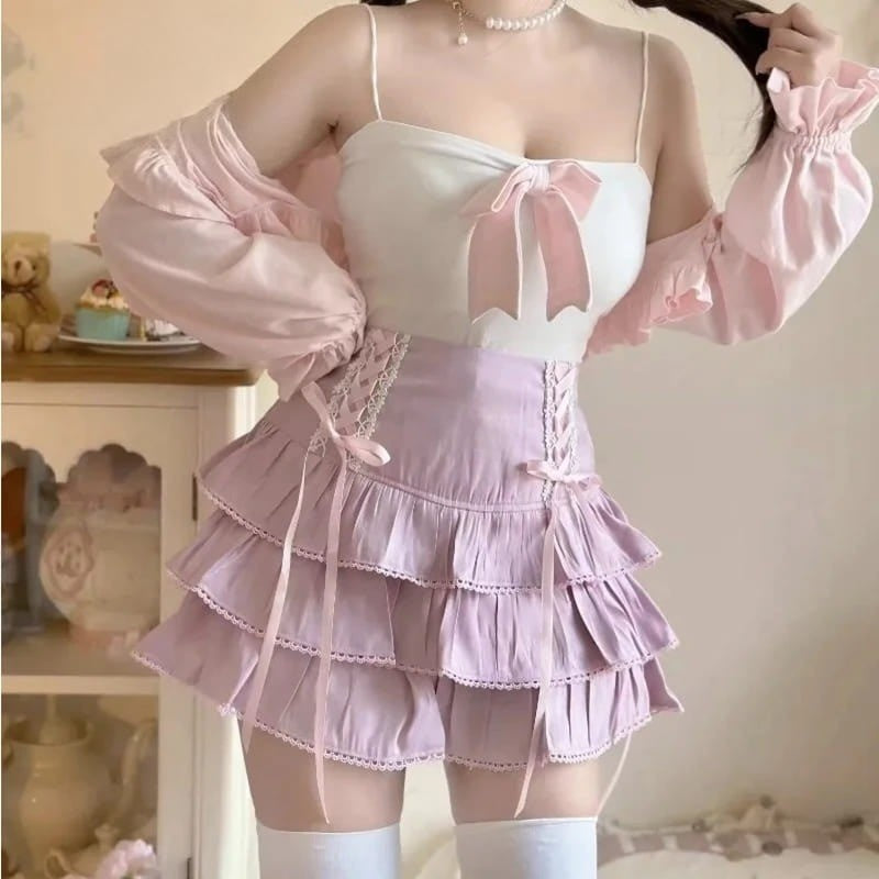 Pink Fairycore Lolita High Waist Ribbon Skirt with soft pleats and frilly ribbon bow
