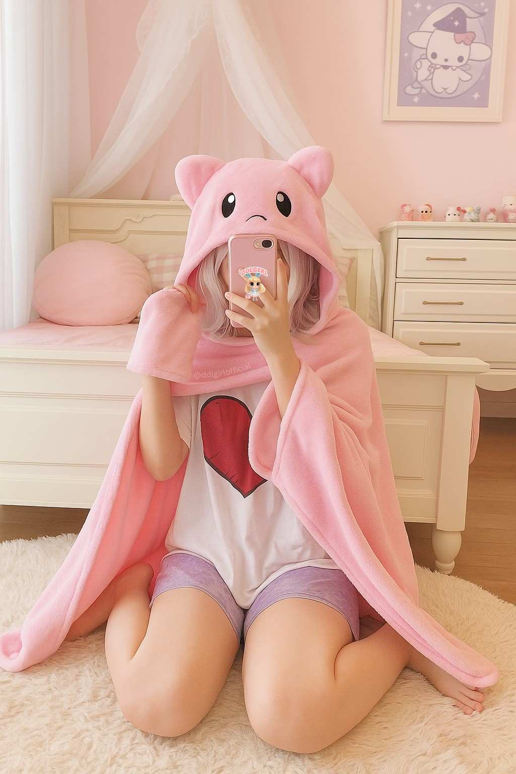 Soft pink kawaii kitty blanket with 3D ears, perfect for cozy cuddles and cute cutecore vibes