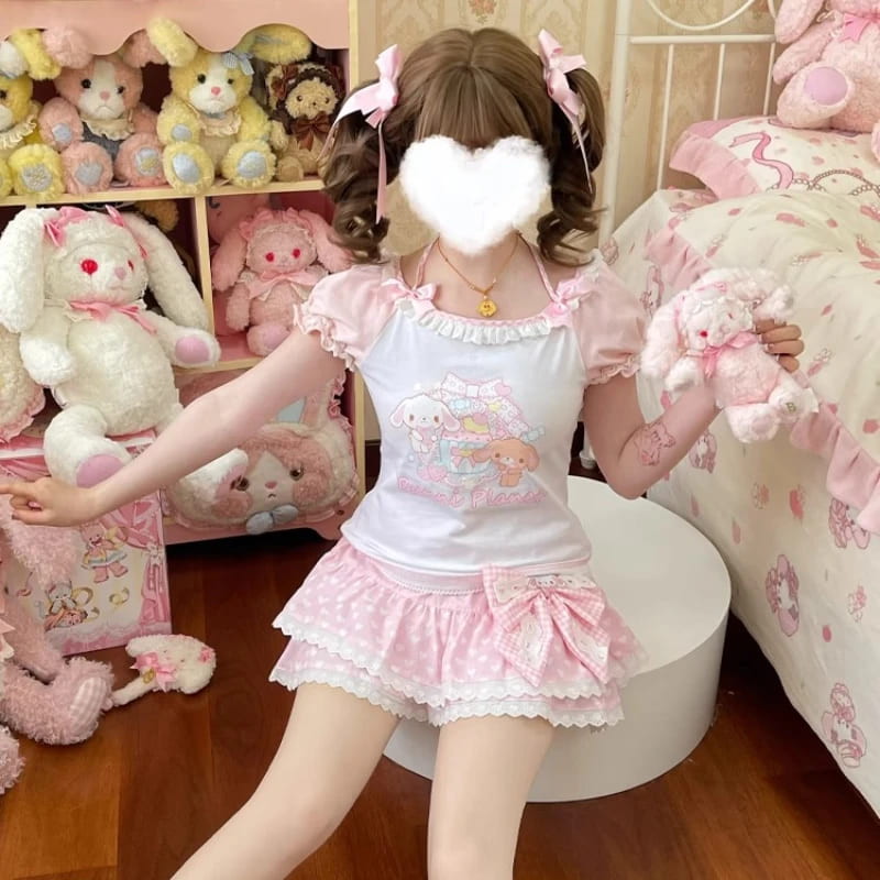 Model styled in soft pink and white bunny planet set, perfect for kawaii cafe looks