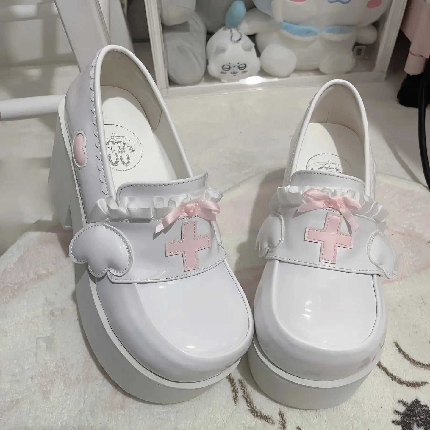 Healing Halo Platform Heels featuring nurse-inspired charm, cross centerpiece, and delicate frilly bows