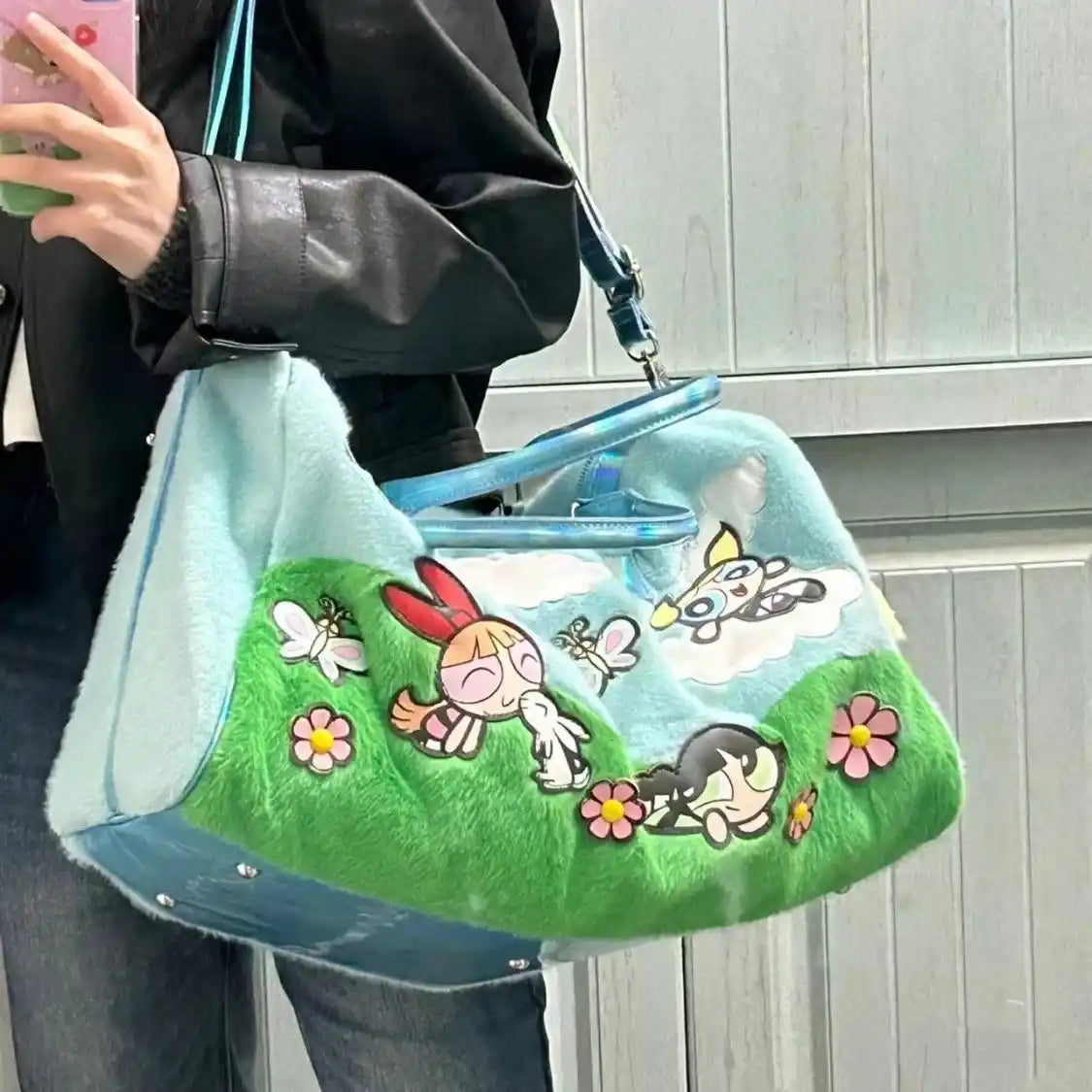 Interior view of blue Girlcore plush bag, roomy and soft for DDLG and kawaii everyday essentials
