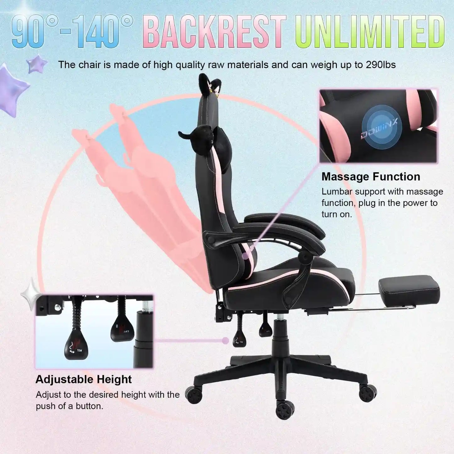 Kawaii Princess Throne Gaming Chair with adjustable back, ergonomic plush seat with cute animal ears for cutecore