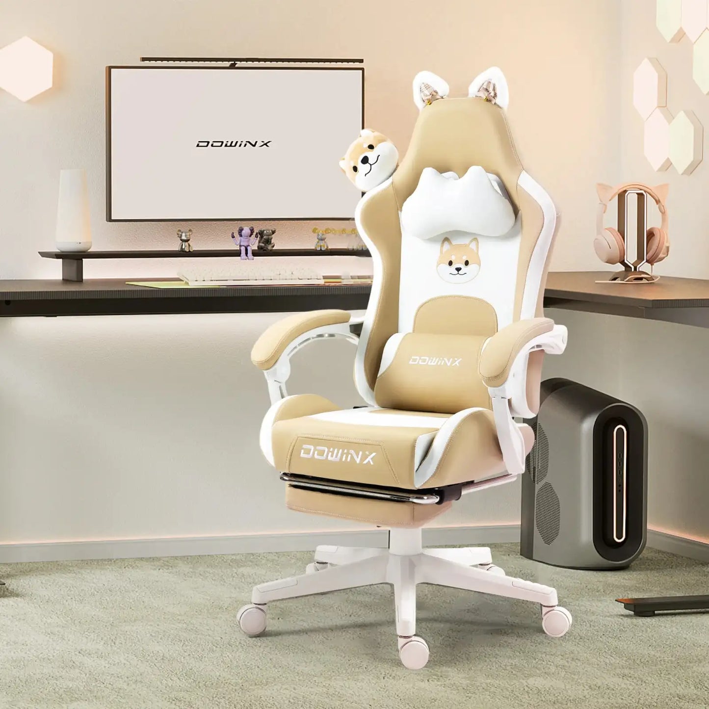 Kawaii Princess Throne Gaming Chair in Beige, pastel kawaii chair with ergonomic design and cute animal ears