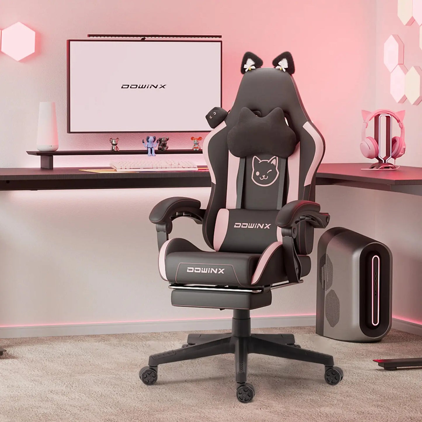 Kawaii Princess Throne Gaming Chair Black Pink Kitten, ergonomic pastel chair with cute kitten ears for cutecore