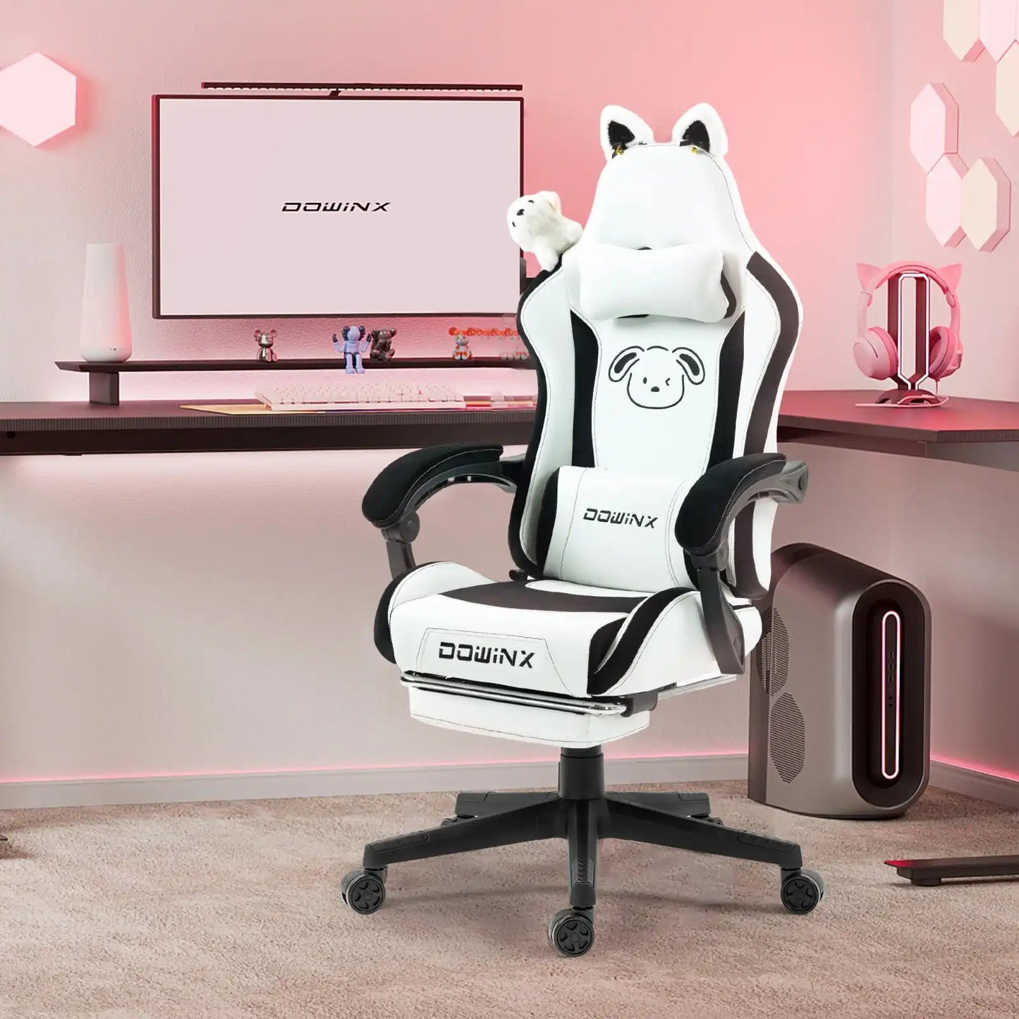 Kawaii Princess Throne Gaming Chair Black White Dog, plush ergonomic chair with cute dog ears for cutecore setups
