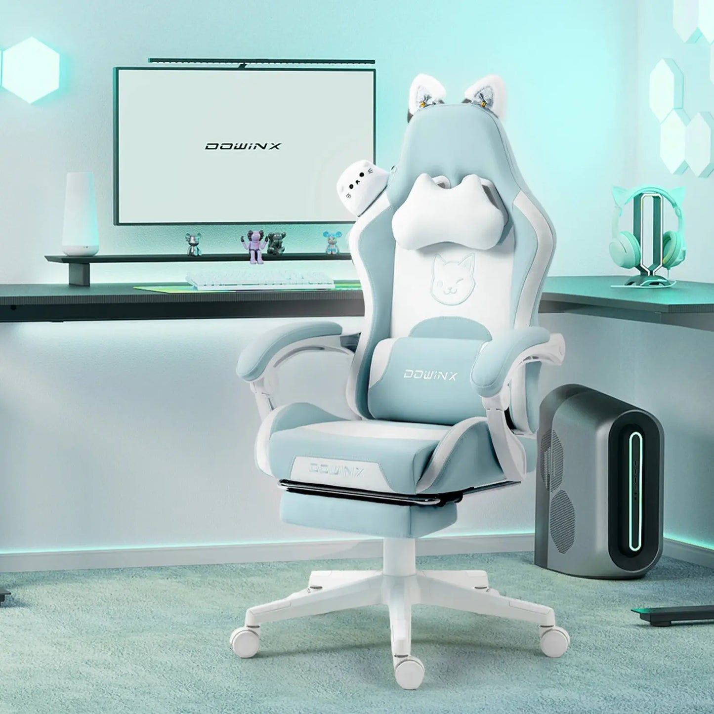 Kawaii Princess Throne Gaming Chair Blue White Kitten, ergonomic pastel chair with cute kitten ears for kawaii DDLG
