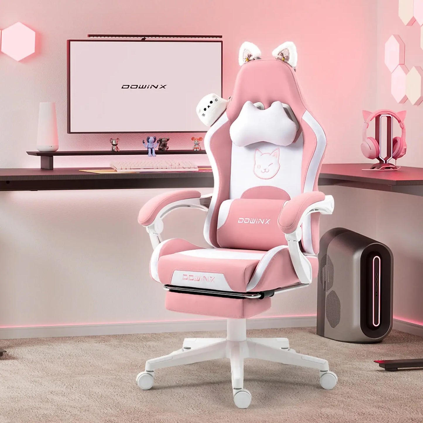 Kawaii Princess Throne Gaming Chair Pink White Cat, pastel ergonomic chair with adorable cat ears for kawaii aesthetic