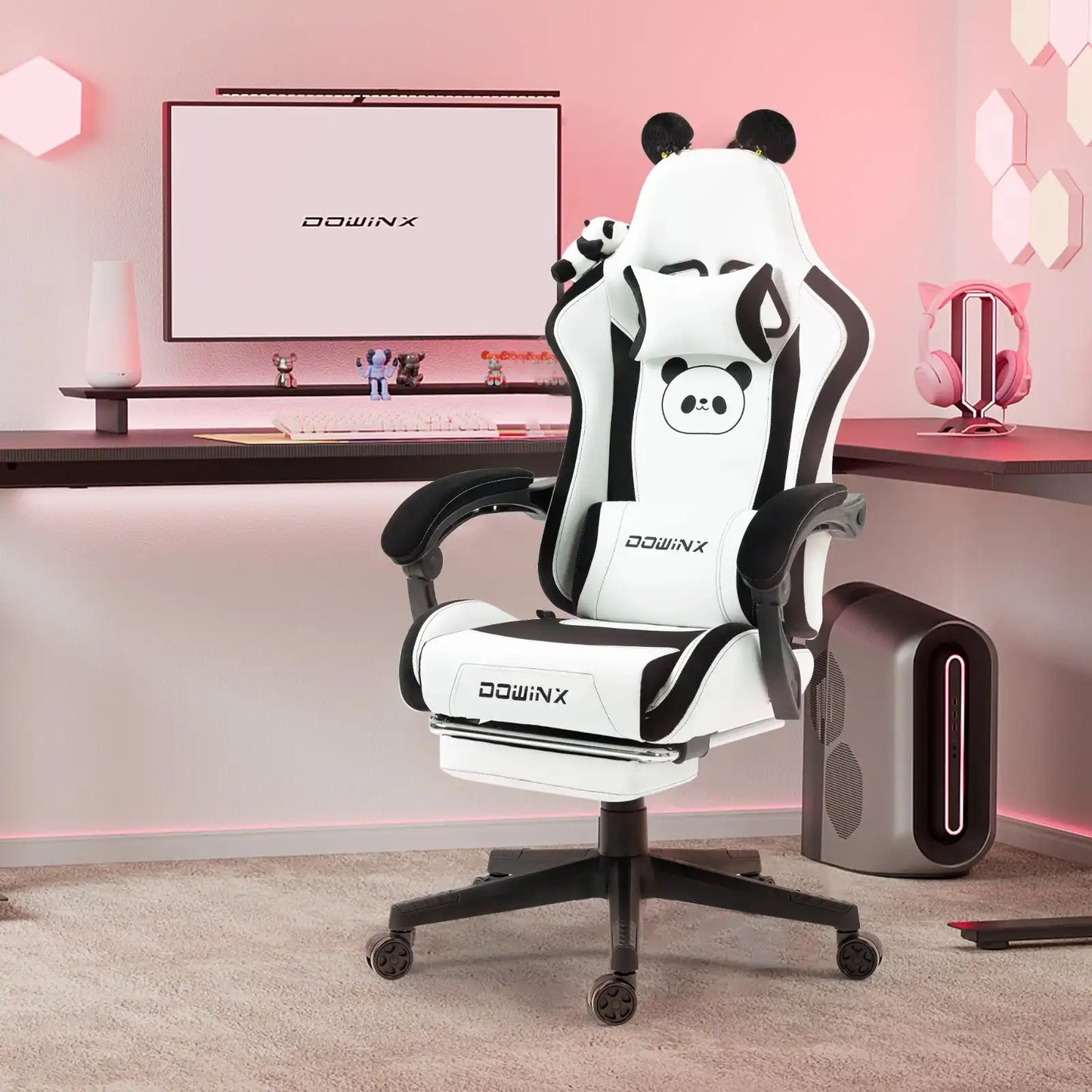 Kawaii Princess Throne Gaming Chair White Black Panda, plush pastel chair with panda ears for kawaii DDLG style