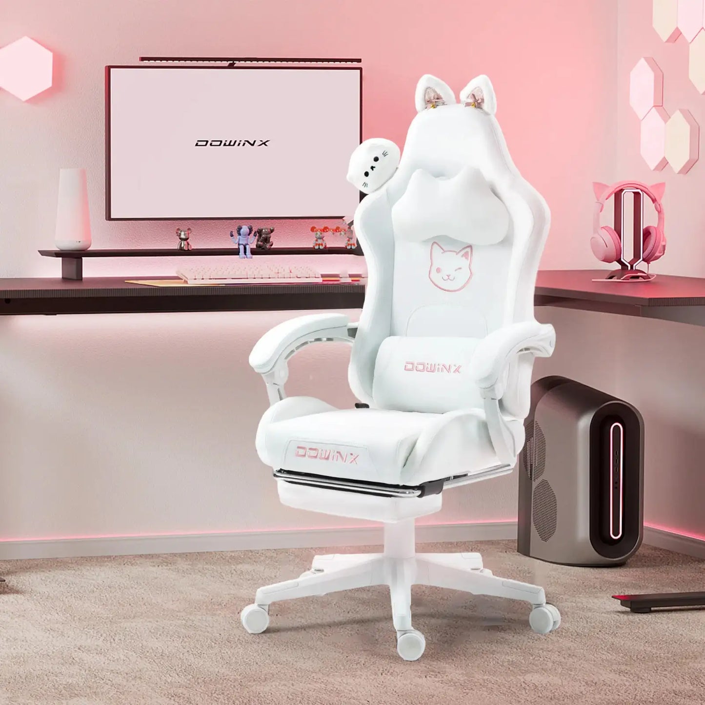Kawaii Princess Throne Gaming Chair White Cat, ergonomic pastel chair with cute cat ears for kawaii cutecore vibes