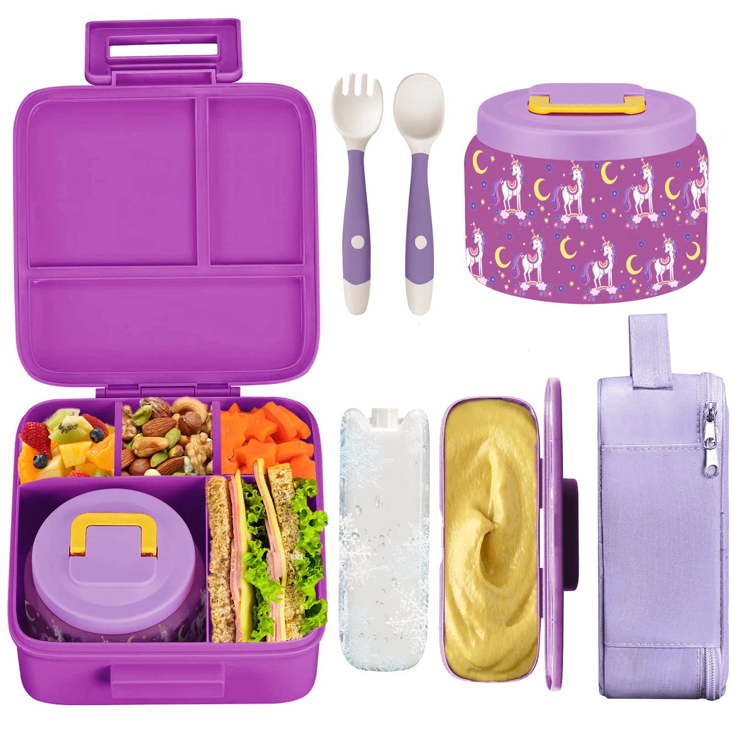 Kawaii purple unicorn lunchbox with insulated bag, leak-proof and perfect for DDLG/ABDL snack storage