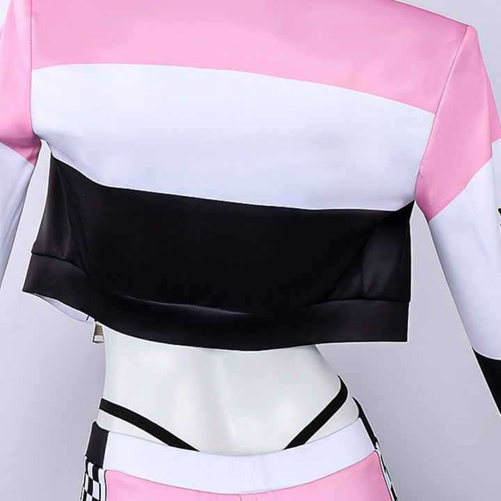 Kawaii racer anime cosplay outfit with jacket, criss-cross top, and shorts