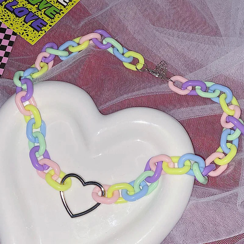 Kawaii Rainbow Candy Heart Necklace with pastel links and heart charm, perfect for little space, cosplay, and pastel fashion