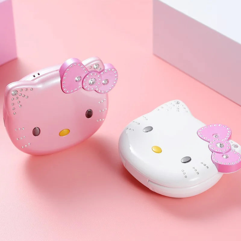 Kawaii retro flip phone in pink and white variants with cute Y2K aesthetic