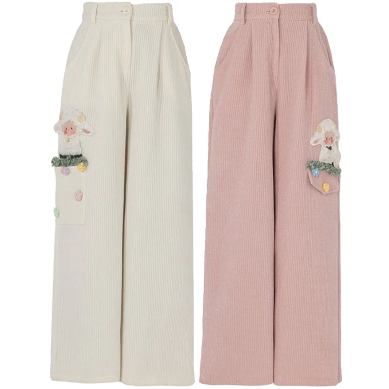 Both white and pink pastel pants with plush sheep patch, babycore aesthetic, and comfy fit for DDLG outfits