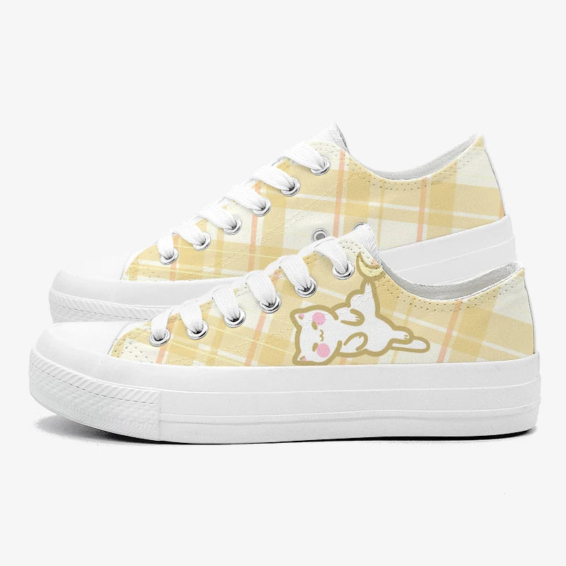 Kawaii Soft Cosmic Sneakers with dreamy plaid pattern, celestial stars and moons, perfect for soft fashion