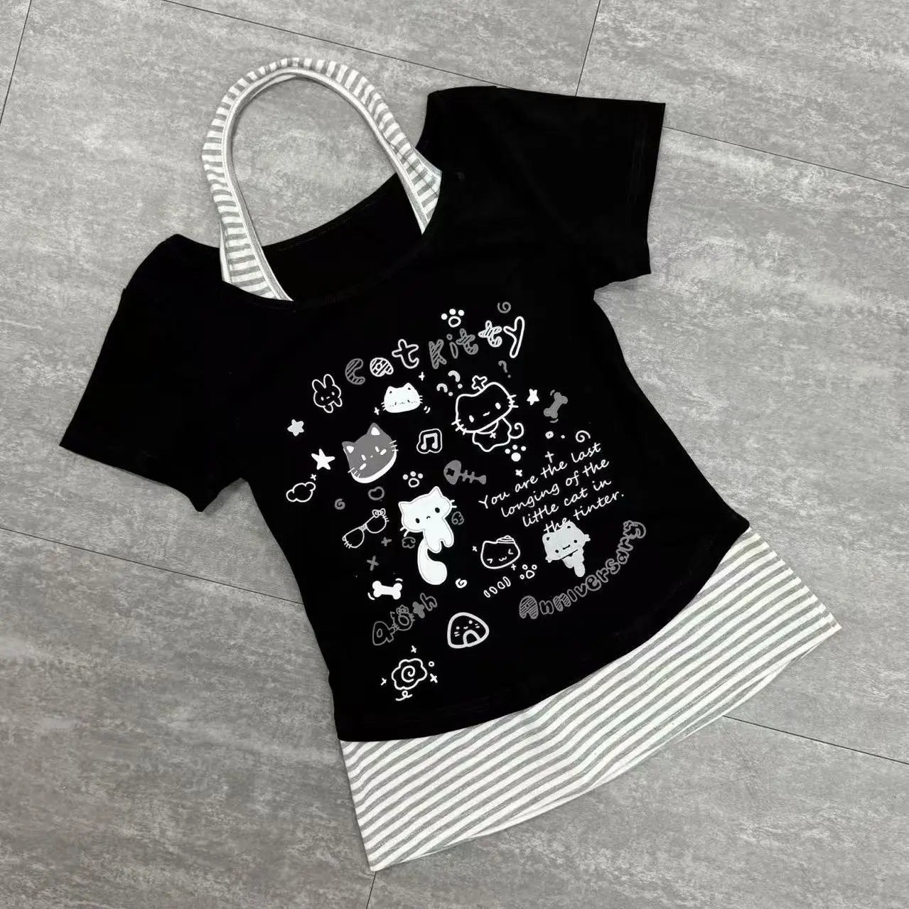 Pastel kawaii soft girl Y2K kitty art tee with layered halter design for ddlg and abdl vibes