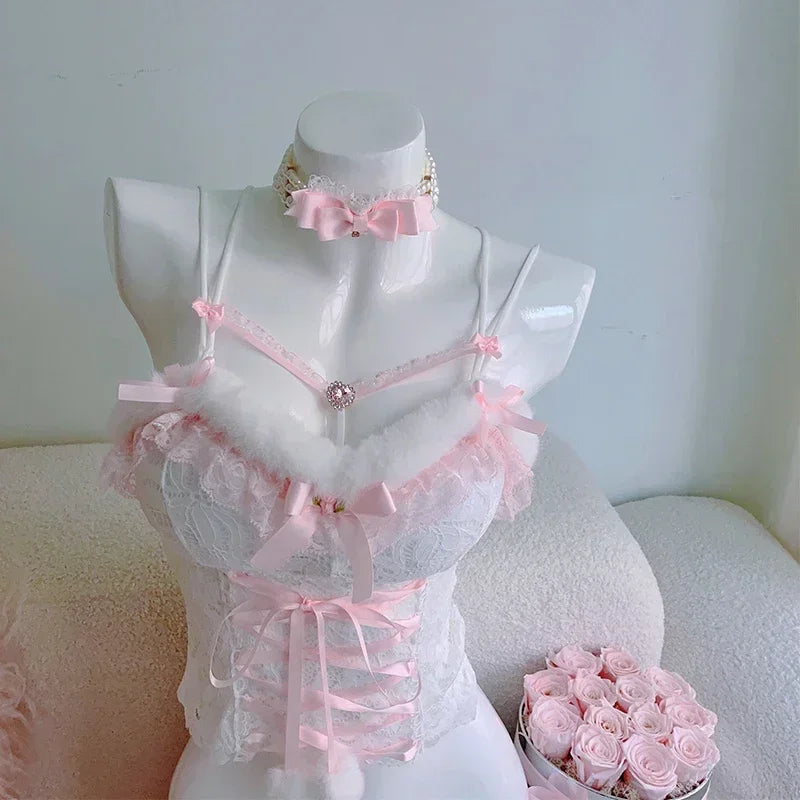Kawaii spoiled angel corset top with delicate lace, ribbon tie, and soft angelic design for DDLG, dollcore, and baddie style