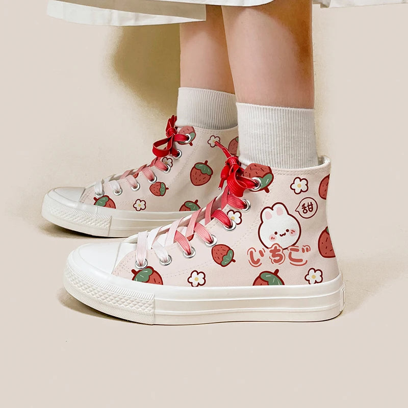 Kawaii strawberry sneakers with gradient laces for cute ABDL & DDLG outfits