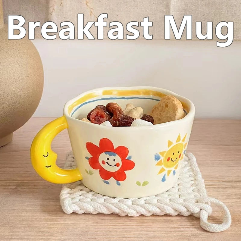 Whimsical ceramic mug with ladybug smile details and soft rainbow colors for little space setups