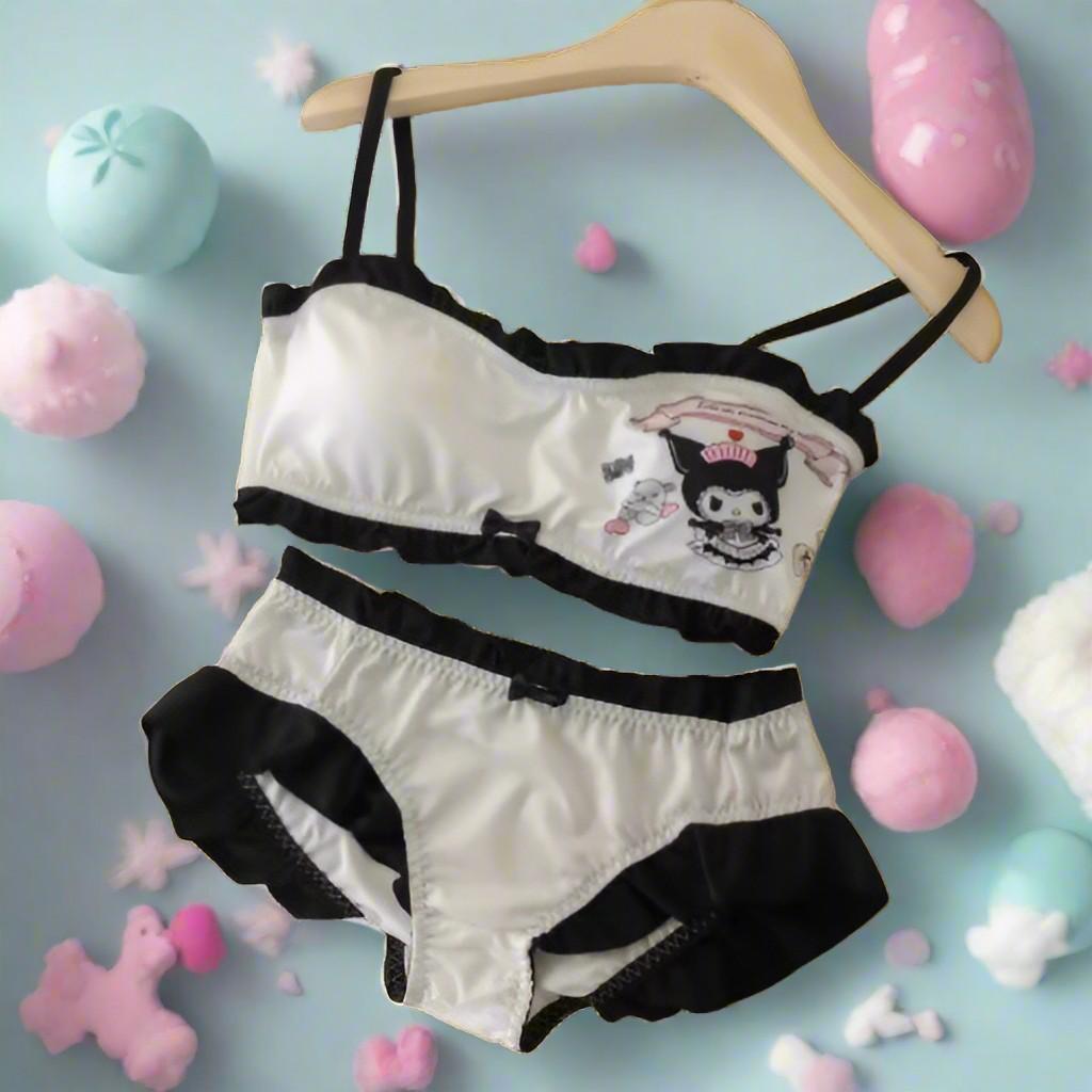 Close-up black and white Kawaii Sweetheart Bra and Panty Set ddlg abdl kawaii lingerie details