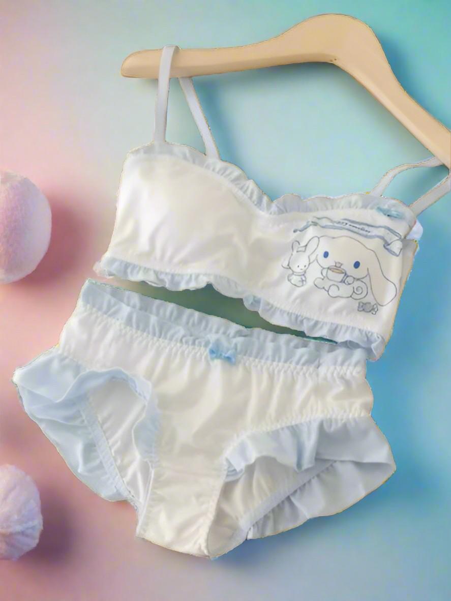 Close-up pastel blue and white Kawaii Sweetheart Bra and Panty Set ddlg abdl kawaii lingerie details