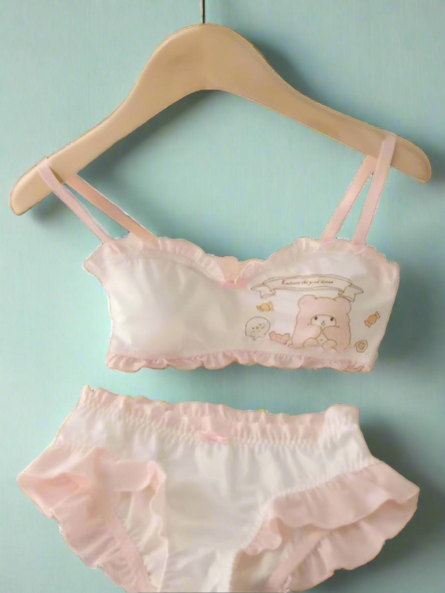 Close-up pastel pink and white Kawaii Sweetheart Bra and Panty Set abdl ddlg kawaii lingerie details