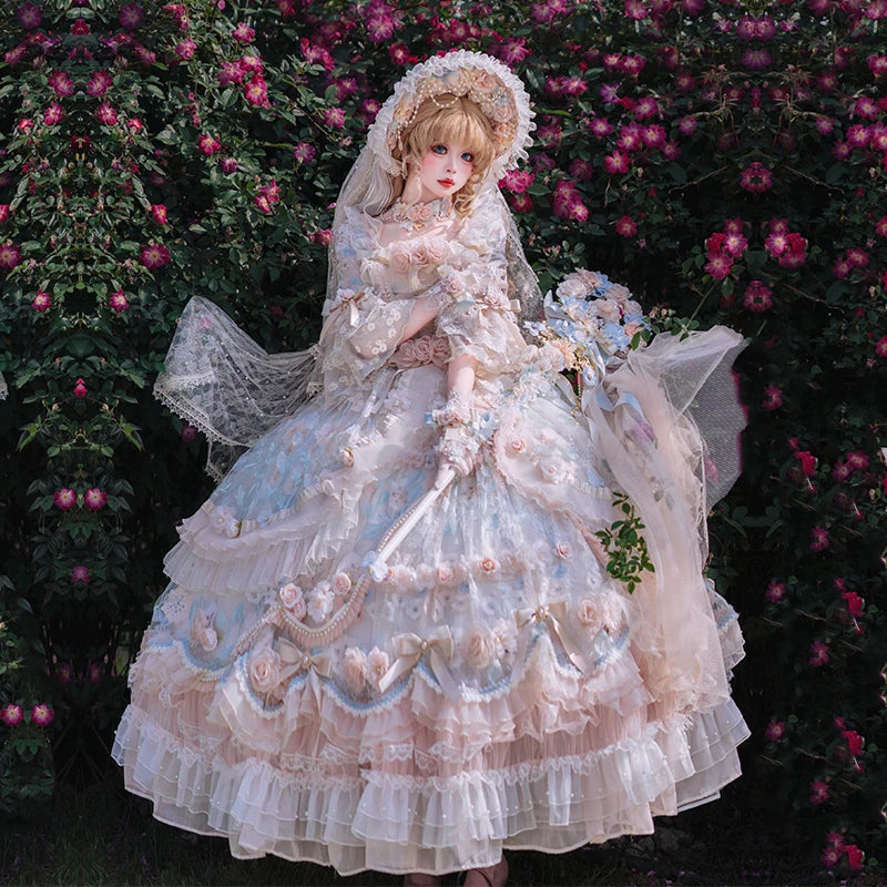 Kawaii tea party dress with flowy skirt, lace detail, and puff sleeves for DDLG ABDL aesthetic play