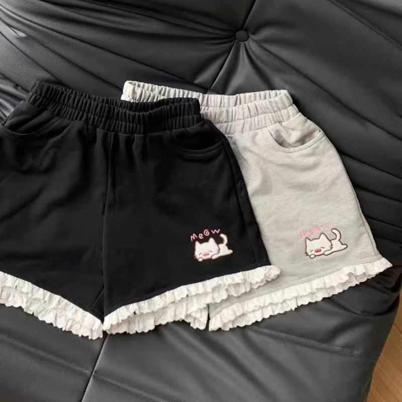 Black and gray lounge shorts with kitten motif and ruffle trim for DDLG ABDL and soft girl style