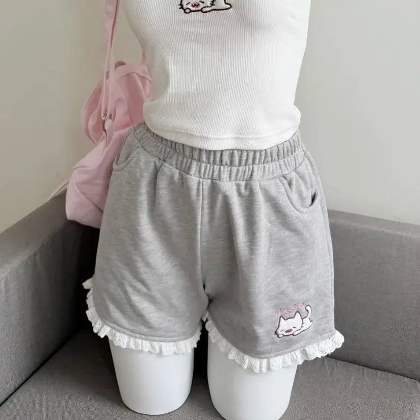 Gray lounge shorts with kitten detail and ruffle trim for DDLG ABDL soft girl and kawaii outfits
