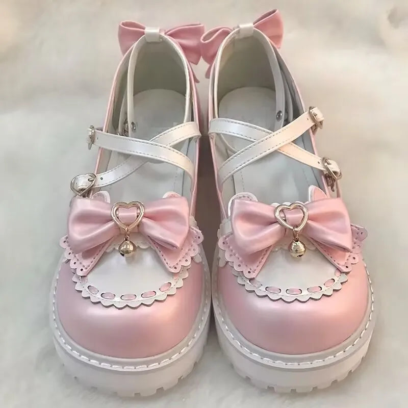 Adorable Kitty Chime Heart Strap Flats with jingling cat bells, bows, and heart buckle for kawaii lolita style