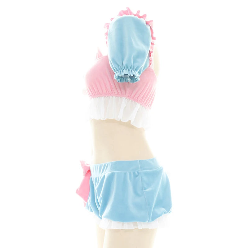 Kitty Cream Puff Pastel Shorts, flirty ruffle trims, pink ribbon, and pom-pom accent, cutecore babygirl style