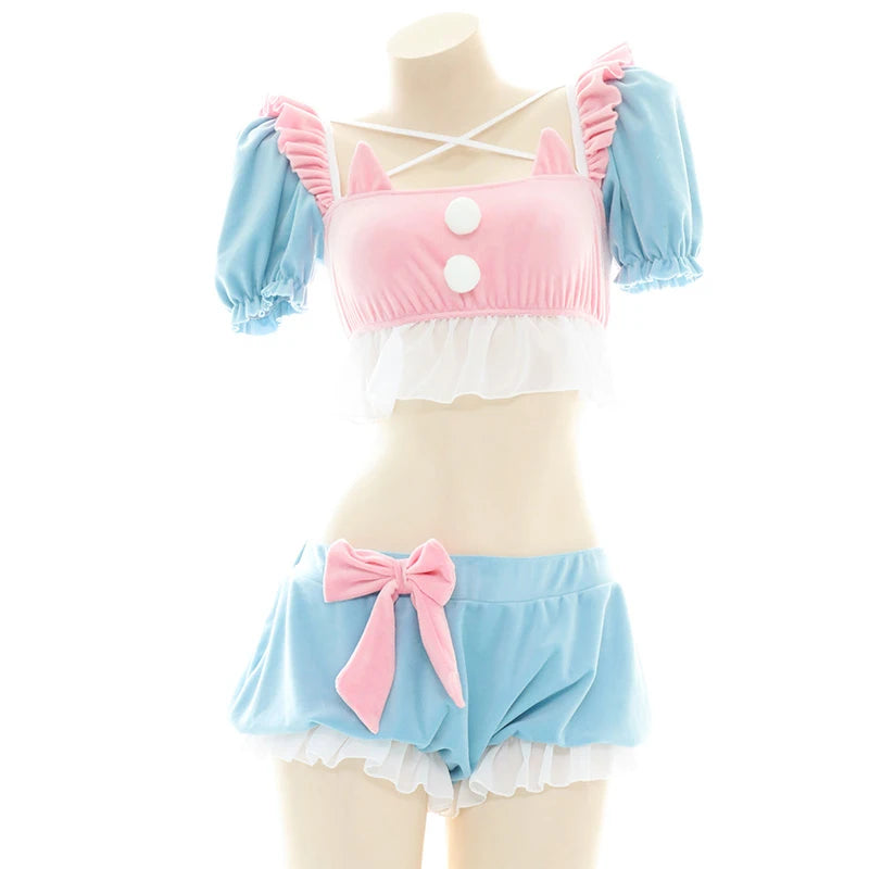 Kawaii Kitty Cream Puff Pastel Crop Top, soft girl DDLG babygirl vibes, cross neck puffy sleeves