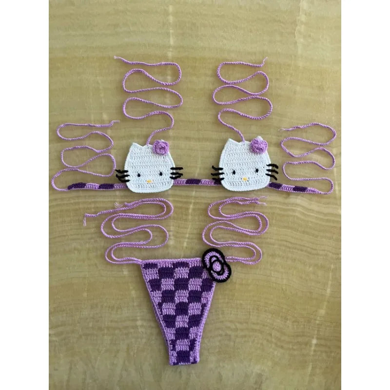 Pink and black contrast kitty tease crochet set, micro fit with adjustable lace-up sides, perfect for kawaii DDLG fans