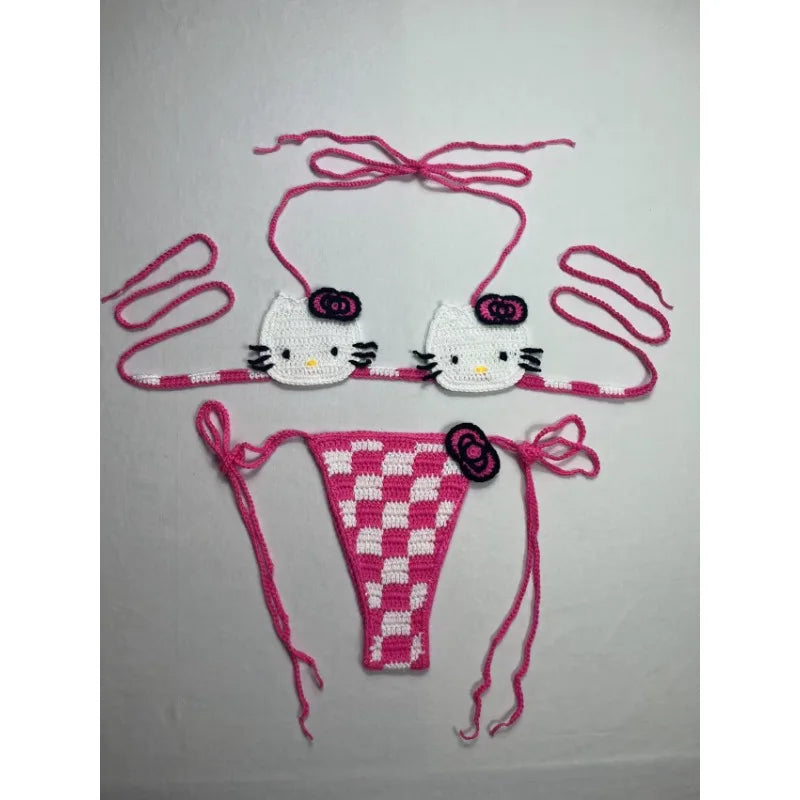 Delicate pink and white kitty tease micro crochet set, handmade sustainable yarn perfect for kawaii ABDL and DDLG fashion