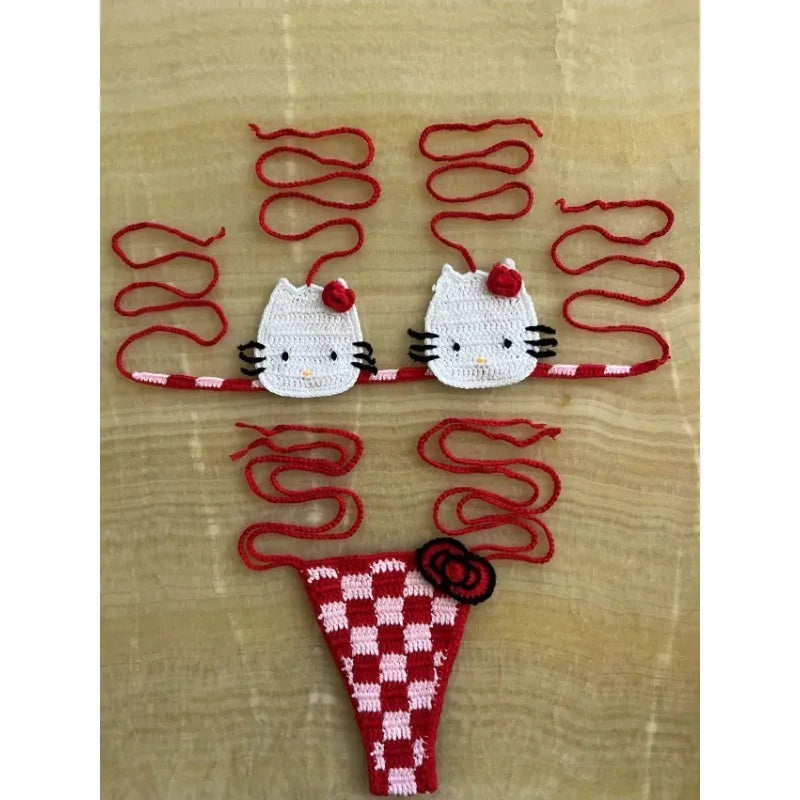 Red and pink kitty tease micro crochet lingerie set, soft sustainable yarn with adjustable details for ABDL and DDLG