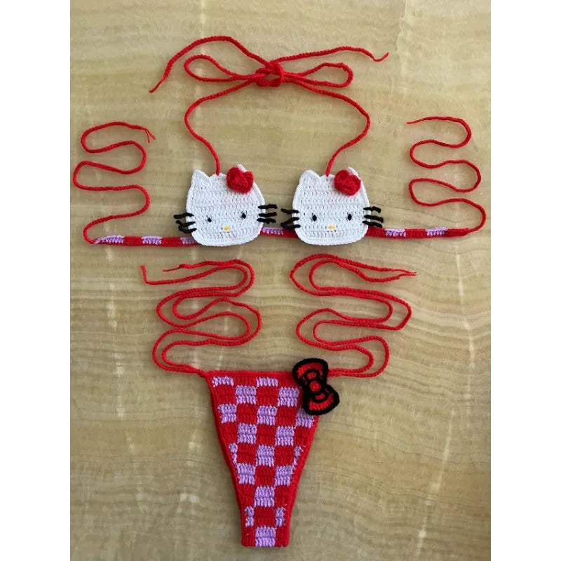 Dreamy red and purple kitty tease micro crochet lingerie, adjustable fit perfect for kawaii DDLG and ABDL fashion