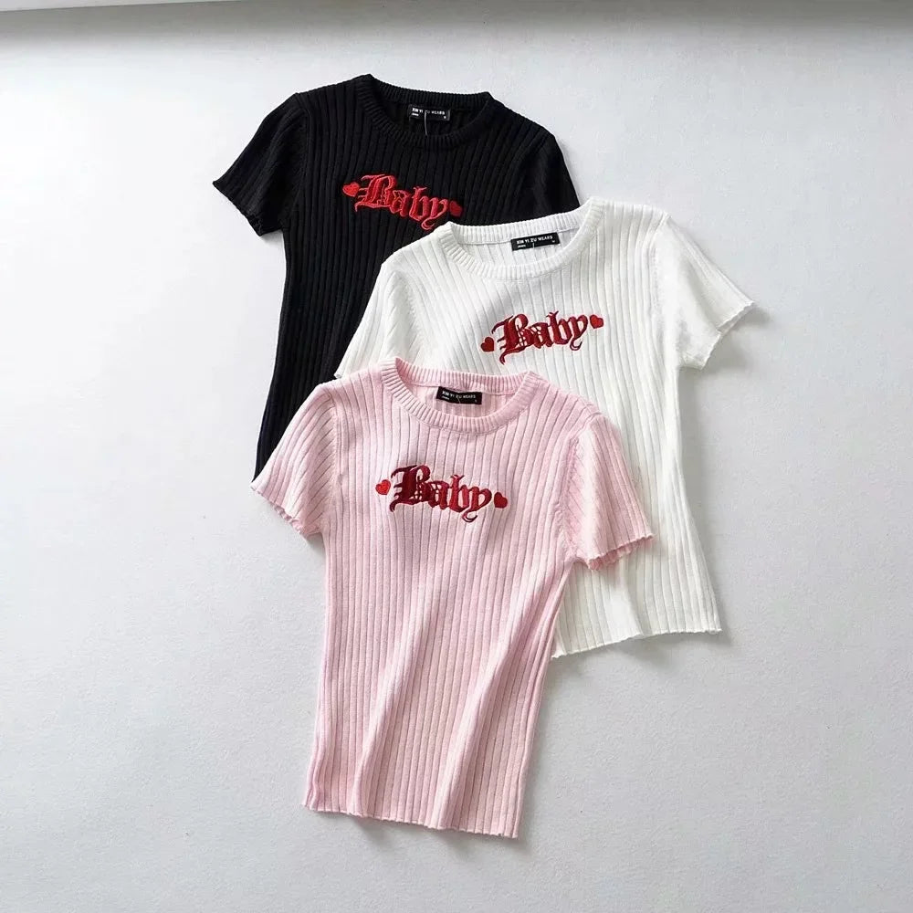 Knit Baby Tee set in pink, white, and black, DDLG/ABDL kawaii cutecore baby tee for soft brat style