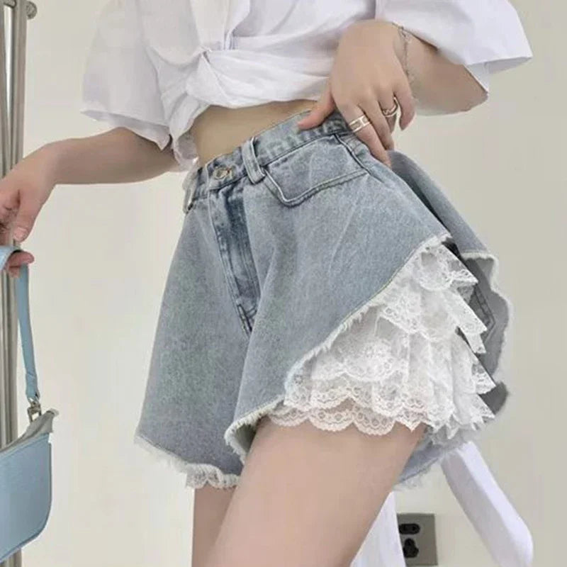 White Lacy Dream Shorts peeking under a jean dress, flirty and soft lingerie accent