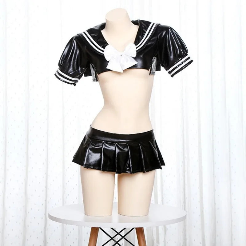 Glossy latex crop top and micro skirt set for naughty playful baddie schoolgirl look