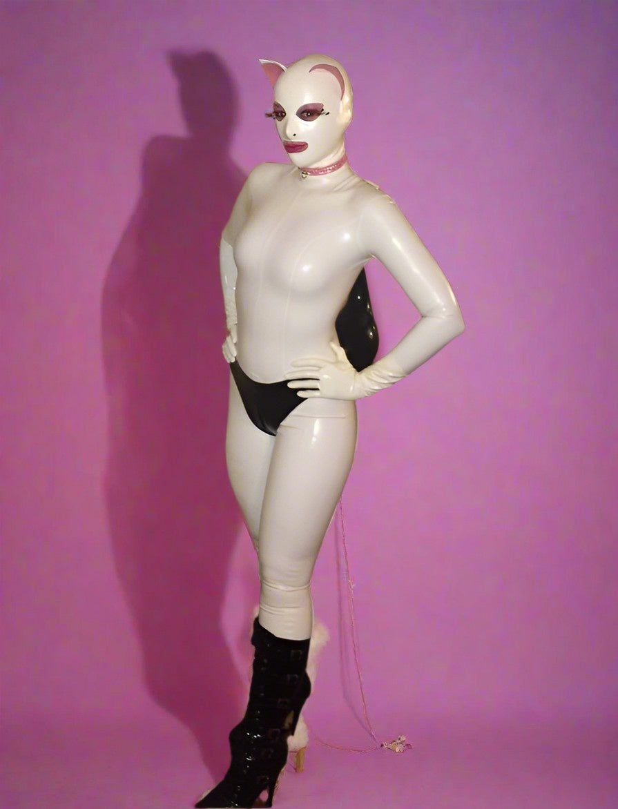 Back view showing adjustable straps on white mask with pink ears, comfortable & playful