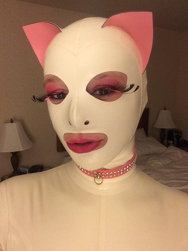 Front view of Latex Feline Play Mask, white with pink ears, soft pastel kawaii & baddie vibes