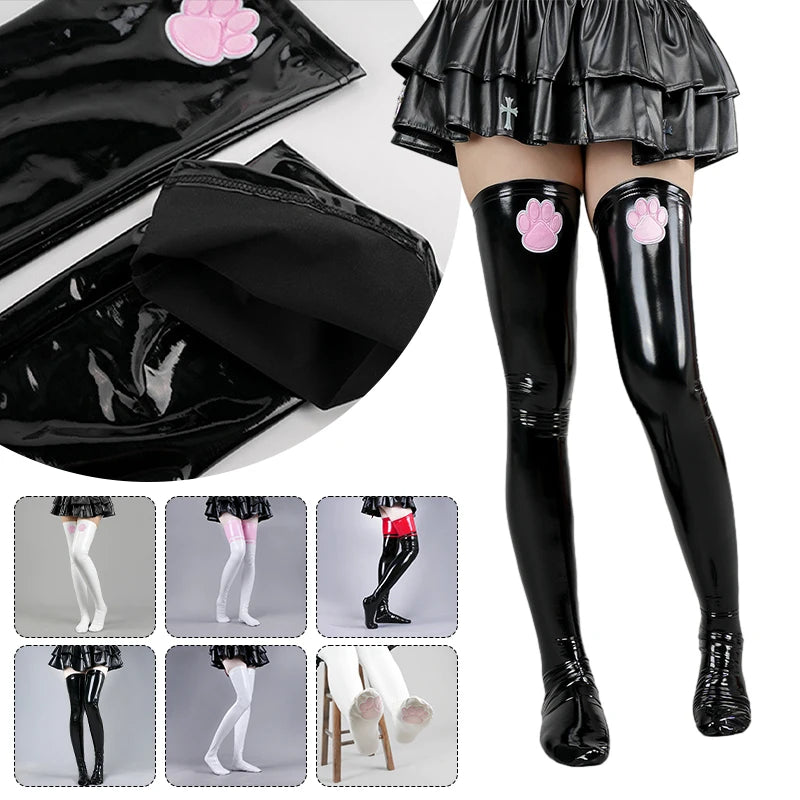 stretchy black latex paws stockings featuring pink paw prints perfect for kink and petplay aesthetics
