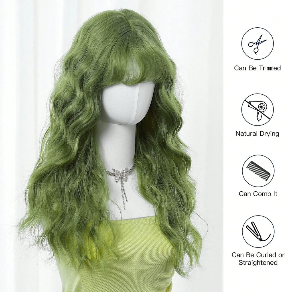 Lightweight long green wig with bangs, perfect for cosplay, dress-up, and magical everyday looks