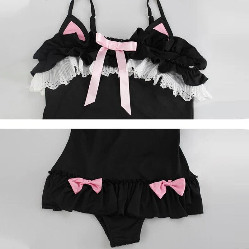 black lil kitty lolita onesie with frills, bow accents, and ears playful cutecore DDLG/ABDL outfit