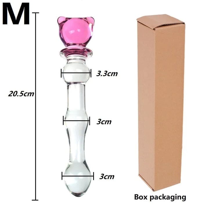 Smooth glass pleasure wand featuring a beaded design and tiny bear for soft, sensual, and temperature play.