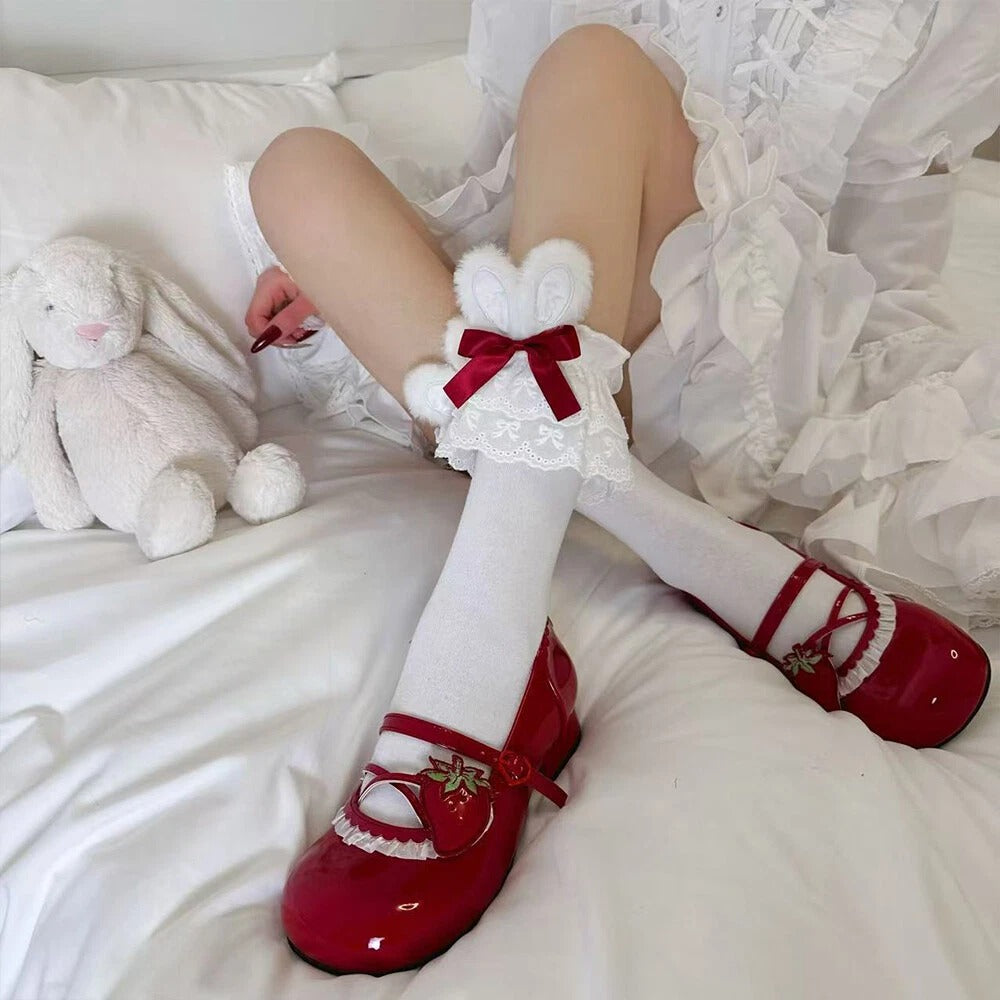 Bold dark red Little Bunny Ears Lolita Socks for flirty cutecore and DDLG-friendly fashion