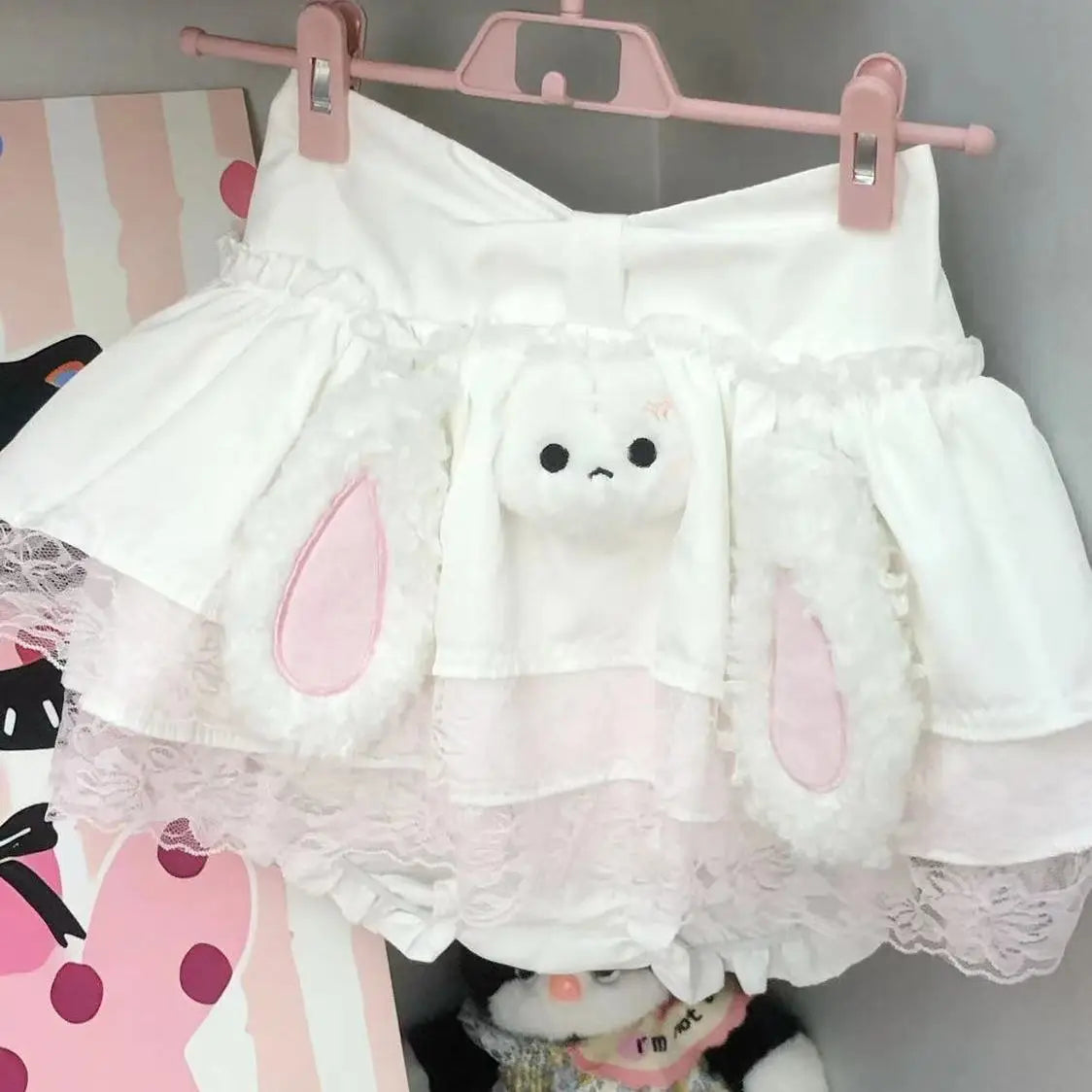 little bunny frilly mini skirt two-layer lace trim design with 3D bunny face and hanging ears playful ABDL outfit