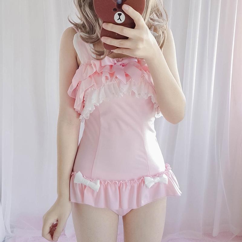 pastel little bunny lolita onesie with layered frills, bow accents, and 3D ears for fairycore cutecore style